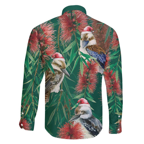 Australia Christmas Family Matching Off Shoulder Short Dress and Hawaiian Shirt Kookaburra Santa on Callistemon - Forest Green