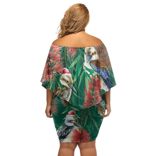 Australia Christmas Family Matching Off Shoulder Short Dress and Hawaiian Shirt Kookaburra Santa on Callistemon - Forest Green