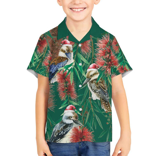 Australia Christmas Family Matching Off Shoulder Short Dress and Hawaiian Shirt Kookaburra Santa on Callistemon - Forest Green