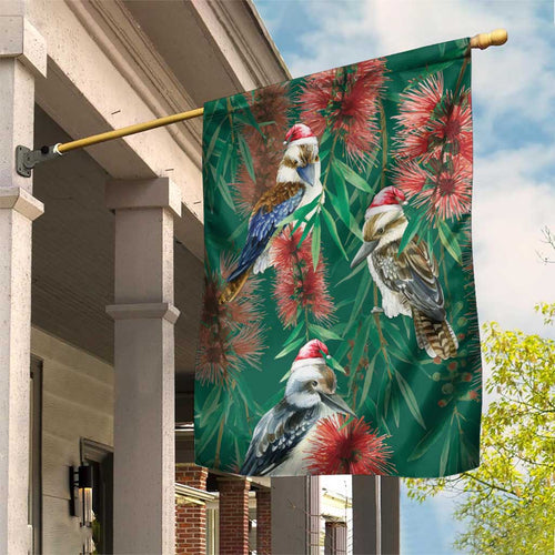 Australia Christmas Garden Flag Kookaburra Santa on Callistemon - Forest Green
