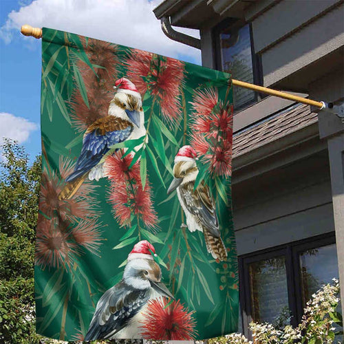Australia Christmas Garden Flag Kookaburra Santa on Callistemon - Forest Green