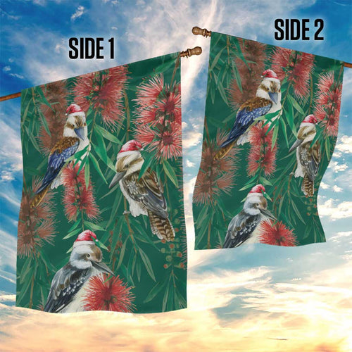 Australia Christmas Garden Flag Kookaburra Santa on Callistemon - Forest Green
