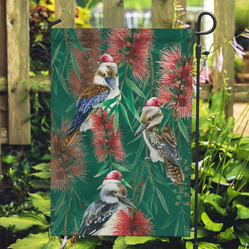 Australia Christmas Garden Flag Kookaburra Santa on Callistemon - Forest Green
