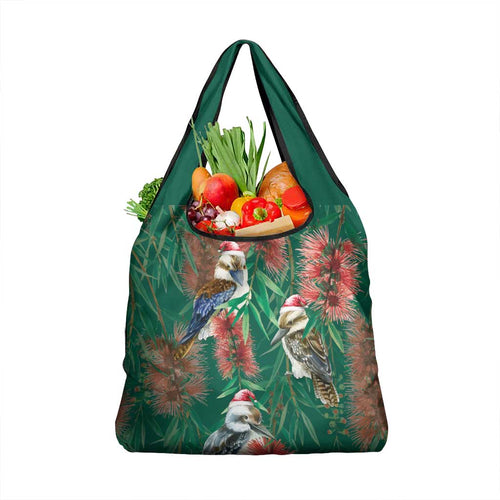 Australia Christmas Grocery Bag Kookaburra Santa on Callistemon - Forest Green