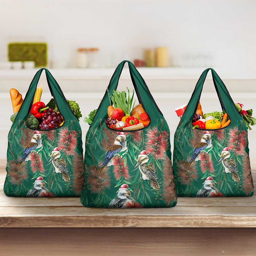 Australia Christmas Grocery Bag Kookaburra Santa on Callistemon - Forest Green