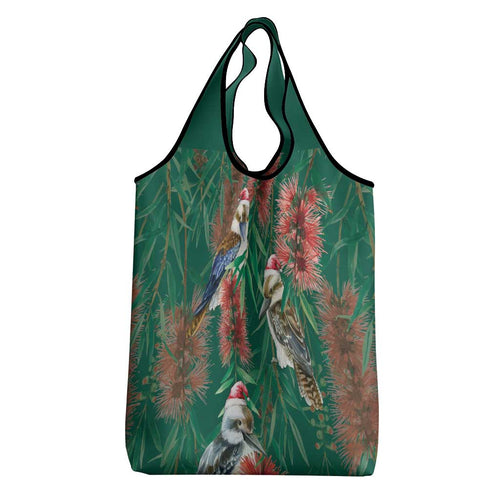Australia Christmas Grocery Bag Kookaburra Santa on Callistemon - Forest Green