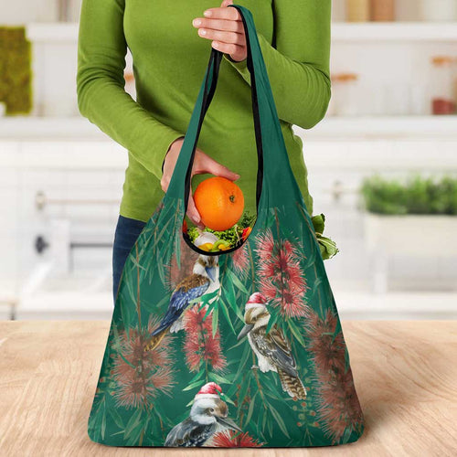 Australia Christmas Grocery Bag Kookaburra Santa on Callistemon - Forest Green