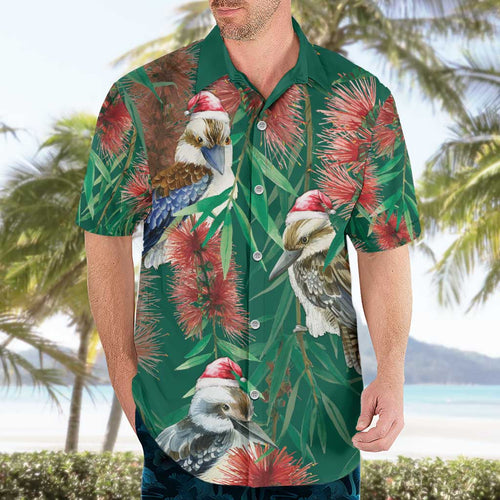 Australia Christmas Hawaiian Shirt Kookaburra Santa on Callistemon - Forest Green