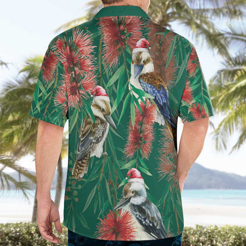 Australia Christmas Hawaiian Shirt Kookaburra Santa on Callistemon - Forest Green