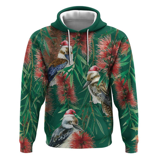 Australia Christmas Hoodie Kookaburra Santa on Callistemon - Forest Green