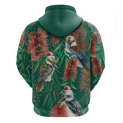 Australia Christmas Hoodie Kookaburra Santa on Callistemon - Forest Green