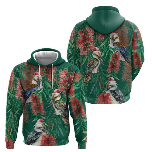 Australia Christmas Hoodie Kookaburra Santa on Callistemon - Forest Green