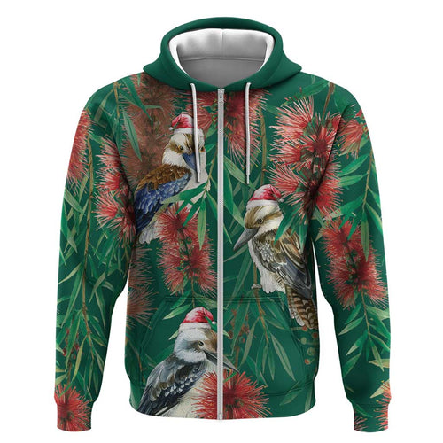 Australia Christmas Hoodie Kookaburra Santa on Callistemon - Forest Green