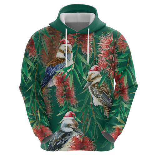 Australia Christmas Hoodie Kookaburra Santa on Callistemon - Forest Green