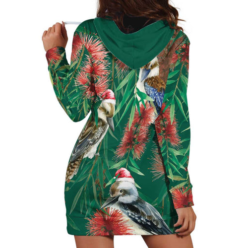 Australia Christmas Hoodie Dress Kookaburra Santa on Callistemon - Forest Green