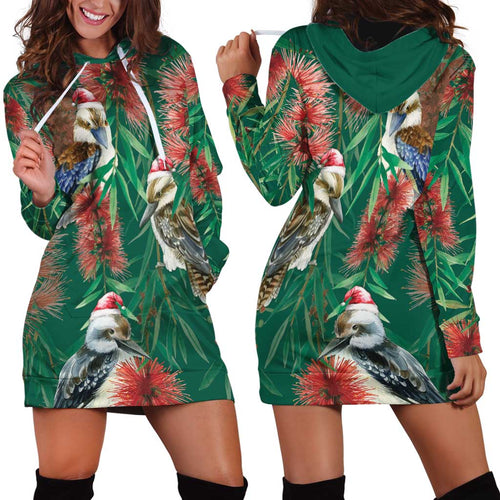 Australia Christmas Hoodie Dress Kookaburra Santa on Callistemon - Forest Green