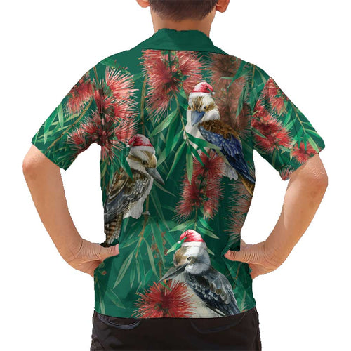 Australia Christmas Kid Hawaiian Shirt Kookaburra Santa on Callistemon - Forest Green