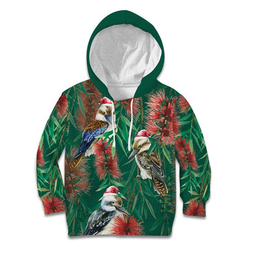 Australia Christmas Kid Hoodie Kookaburra Santa on Callistemon - Forest Green