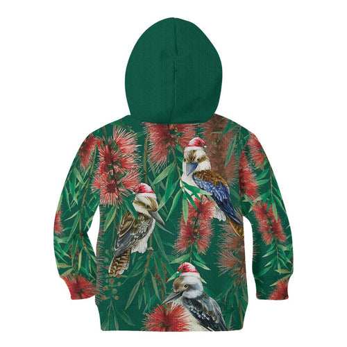 Australia Christmas Kid Hoodie Kookaburra Santa on Callistemon - Forest Green