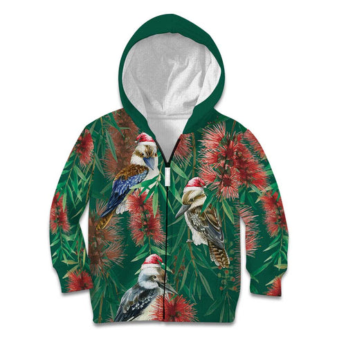 Australia Christmas Kid Hoodie Kookaburra Santa on Callistemon - Forest Green