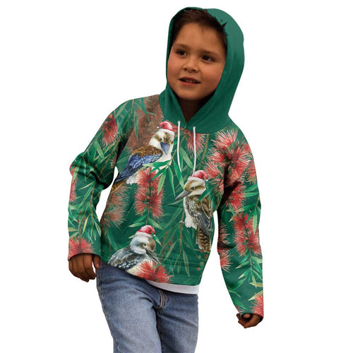 Australia Christmas Kid Hoodie Kookaburra Santa on Callistemon - Forest Green