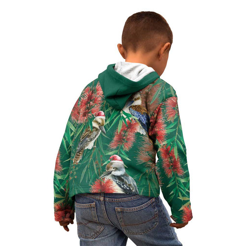 Australia Christmas Kid Hoodie Kookaburra Santa on Callistemon - Forest Green