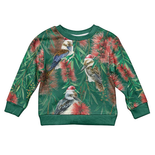 Australia Christmas Kid Ugly Christmas Sweater Kookaburra Santa on Callistemon - Forest Green
