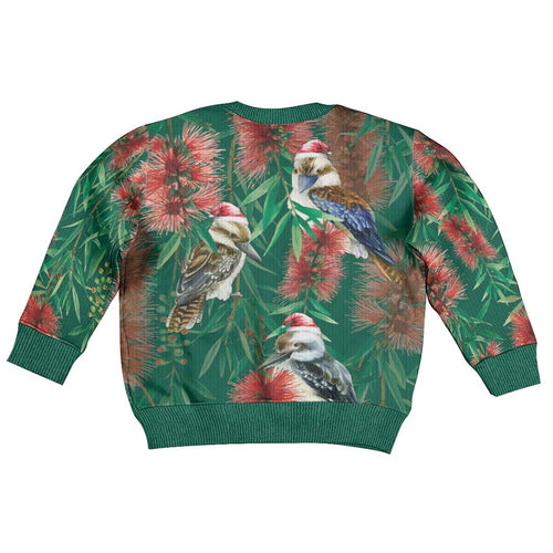 Australia Christmas Kid Ugly Christmas Sweater Kookaburra Santa on Callistemon - Forest Green