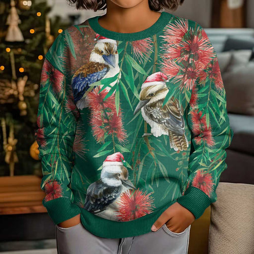 Australia Christmas Kid Ugly Christmas Sweater Kookaburra Santa on Callistemon - Forest Green
