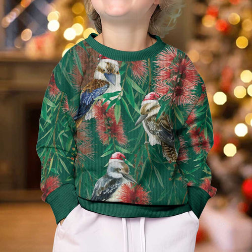 Australia Christmas Kid Ugly Christmas Sweater Kookaburra Santa on Callistemon - Forest Green