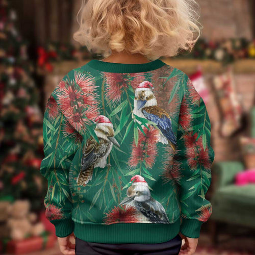 Australia Christmas Kid Ugly Christmas Sweater Kookaburra Santa on Callistemon - Forest Green
