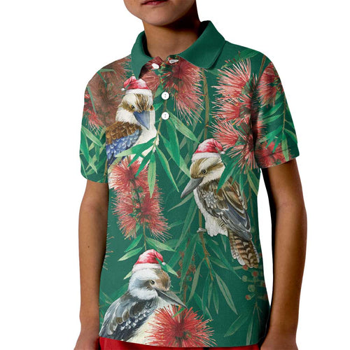 Australia Christmas Kid Polo Shirt Kookaburra Santa on Callistemon - Forest Green