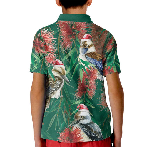 Australia Christmas Kid Polo Shirt Kookaburra Santa on Callistemon - Forest Green