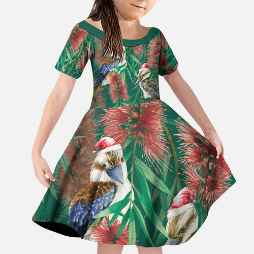 Australia Christmas Kid Short Sleeve Dress Kookaburra Santa on Callistemon - Forest Green