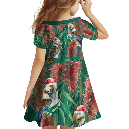 Australia Christmas Kid Short Sleeve Dress Kookaburra Santa on Callistemon - Forest Green