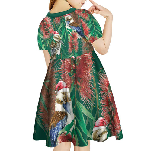 Australia Christmas Kid Short Sleeve Dress Kookaburra Santa on Callistemon - Forest Green