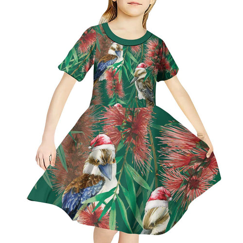 Australia Christmas Kid Short Sleeve Dress Kookaburra Santa on Callistemon - Forest Green