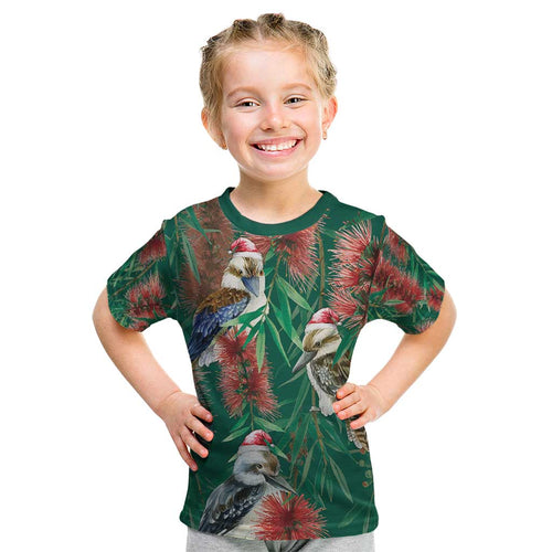 Australia Christmas Kid T Shirt Kookaburra Santa on Callistemon - Forest Green