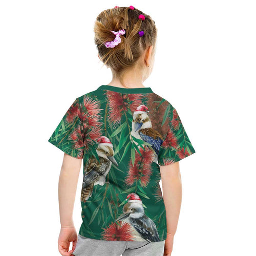 Australia Christmas Kid T Shirt Kookaburra Santa on Callistemon - Forest Green