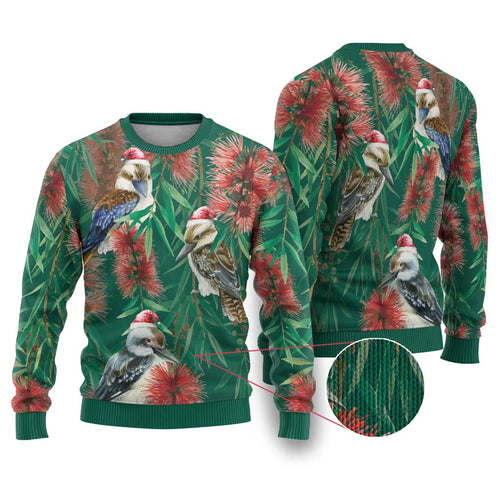 Australia Christmas Ugly Christmas Sweater Kookaburra Santa on Callistemon - Forest Green