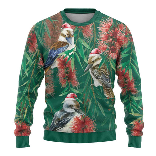 Australia Christmas Ugly Christmas Sweater Kookaburra Santa on Callistemon - Forest Green
