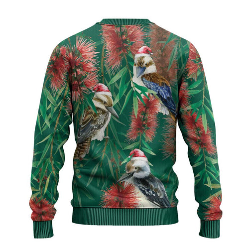 Australia Christmas Ugly Christmas Sweater Kookaburra Santa on Callistemon - Forest Green