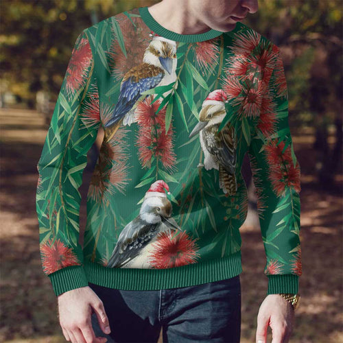 Australia Christmas Ugly Christmas Sweater Kookaburra Santa on Callistemon - Forest Green