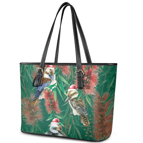 Australia Christmas Leather Tote Bag Kookaburra Santa on Callistemon - Forest Green
