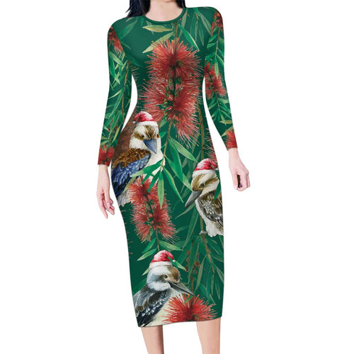 Australia Christmas Long Sleeve Bodycon Dress Kookaburra Santa on Callistemon - Forest Green
