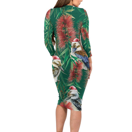Australia Christmas Long Sleeve Bodycon Dress Kookaburra Santa on Callistemon - Forest Green