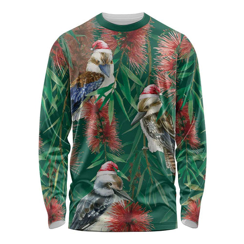 Australia Christmas Long Sleeve Shirt Kookaburra Santa on Callistemon - Forest Green