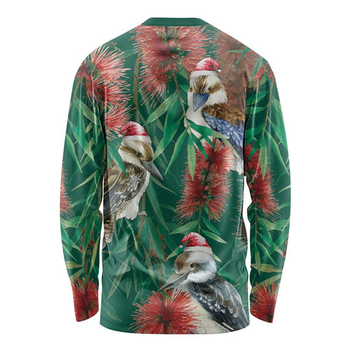 Australia Christmas Long Sleeve Shirt Kookaburra Santa on Callistemon - Forest Green