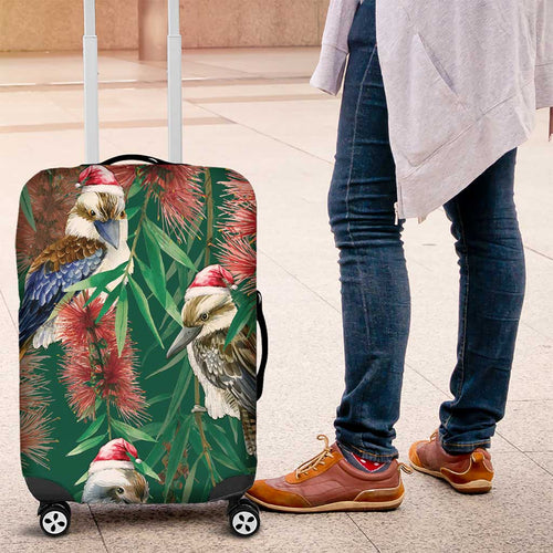 Australia Christmas Luggage Cover Kookaburra Santa on Callistemon - Forest Green