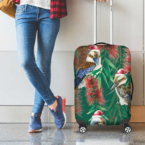 Australia Christmas Luggage Cover Kookaburra Santa on Callistemon - Forest Green